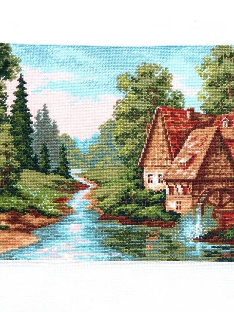 Old Stone Mill Landscape with Churning Water and English Cottages