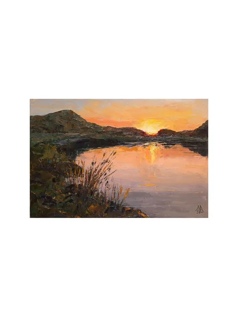 Gentle Sunset over Lake Painting 8x12" ORIGINAL PAINTING Sunny Landscape Impressionist Signed by artist Marina Chuchko