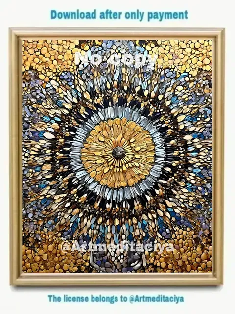 Modern digital abstract energy painting "Mandala of Harmony" abstract panel in bronze-gold shade with gray-blue, silver, black inclusions in the style of zenart, pointillism, interior painting