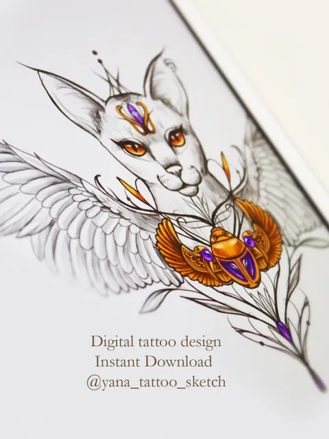 Bastet Tattoo Design Bastet Goddess Sketch Egyptian Cat Tattoo Design for Woman, Instant download PDF and JPG files