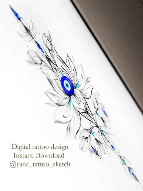 Evil Eye Tattoo Design Greek Evil Eye Lotus Flower Tattoo Ideas Sketch, Instant download PDF, JPG, PNG