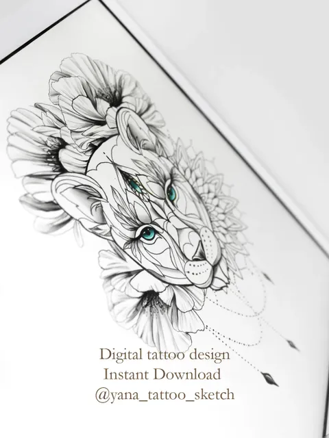 Lioness Tattoo Designs Female Lioness Tattoo Sketch With Flowers Geometric Tattoo Sketch, Instant download PDF, JPG, PNG