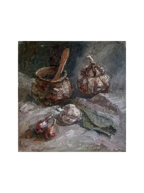 Ceramic Pots PAINTING 9,1x8,9" ORIGINAL ART Kitchen Onion Garlic Artwork Still Life Signed by artist Marina Chuchko