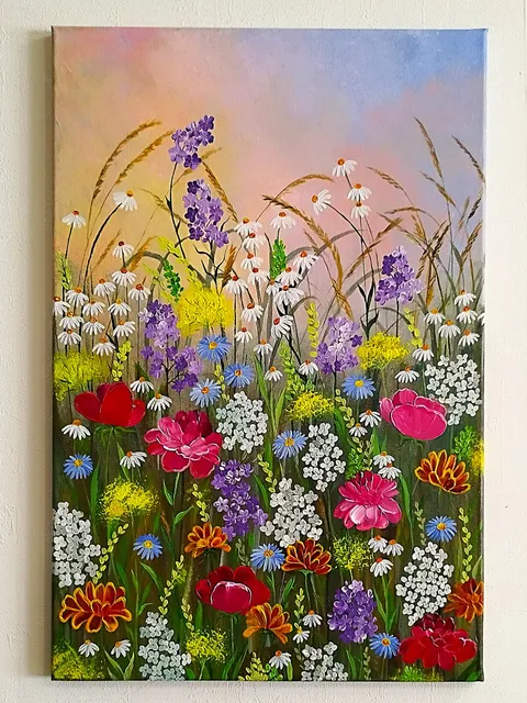 Flower landscape acrylic painting Wildflowers art impasto Summer