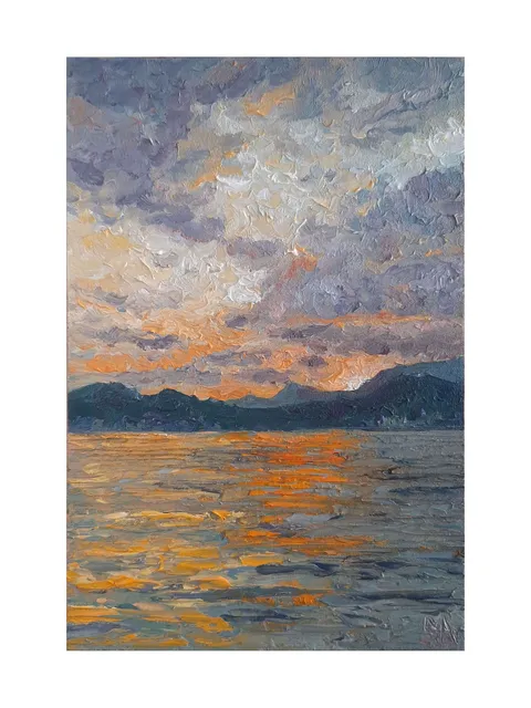 Seascape Golden Sunset Painting 6x4" ORIGINAL ART Impressionist Small sea artwork Signed by artist Marina Chuchko
