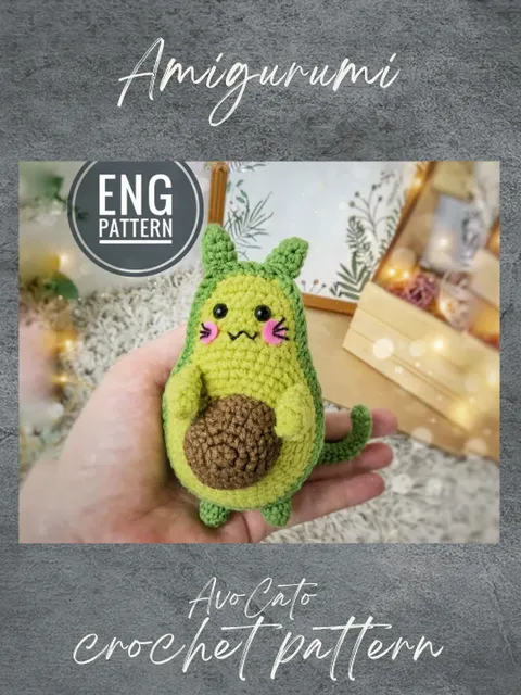 Avocado crochet pattern. Amigurumi avocat pattern. Crochet green avocado pattern. Kawaii crochet cat pattern