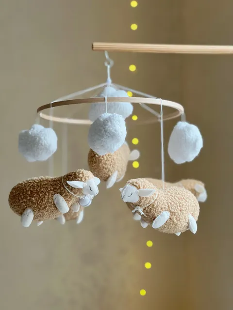 Nursery mobile crib cozy lambs beige