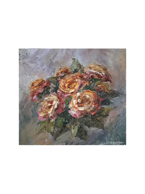 Yellow Red Roses Painting 8x9" Original Flower Art Oil Hand Painted Artwork Signed by artist Marina Chuchko Impressionist
