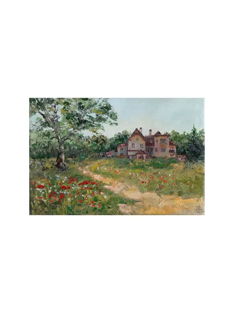 House Painting 8x12" Cottage Landscape ORIGINAL ART Impressionist Sunlit Pathway Artwork Signed by artist Marina Chuchko