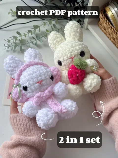 Set cute bunnies valentine's day crochet pattern, PDF amigurumi bunny crochet pattern 2 in 1