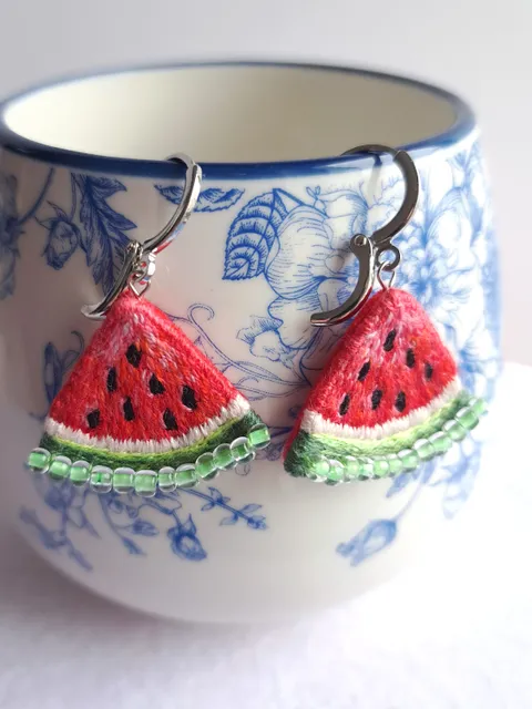 Embroidered Watermelon Slice Earrings Handcrafted Seed Bead Dangles Fun Summer Jewelry Artisan Earrings Quirky Jewelry Accessory Gift