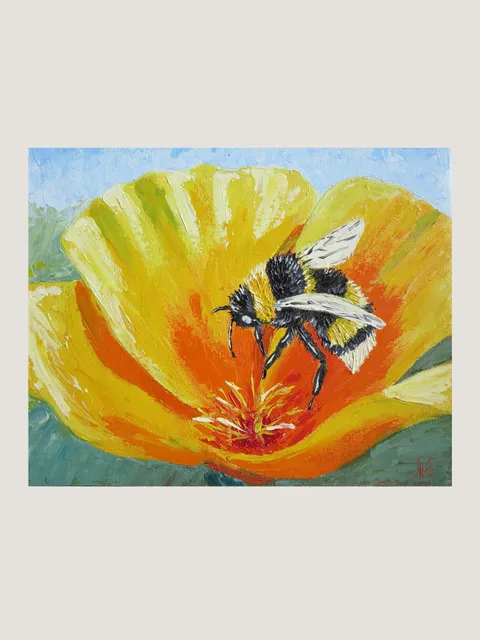 Original Oil Painting Yellow Flower with Bumblebee Palette Knife Art Hand-Painted Mini Artwork