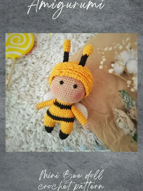 Amigurumi bee doll crochet pattern. Amigurumi doll pattern. Crochet miniature bee doll pattern