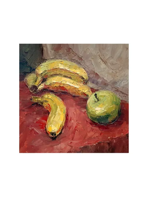 Bananas Apple on red PAINTING 8x8" ORIGINAL Kitchen Art Still Life with fruits Fine Oil Art Signed by artist Marina Chuchko