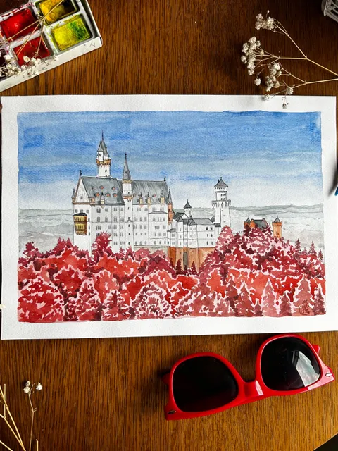 Original watercolor drawing Neuschwanstein Castle Architecture