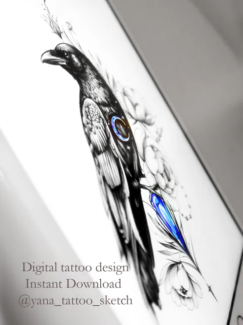 Crow Tattoo Design Crow Tattoo Stencil Idea Sketch, Instant download PDF, JPG