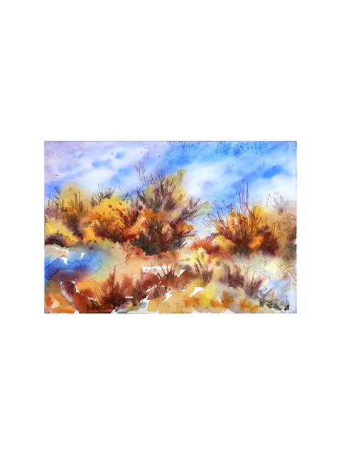Golden Autumn Bright fall day ORIGINAL Watercolor Painting colorful Small Art Signed by artist Marina Chuchko 5,5x8 inches