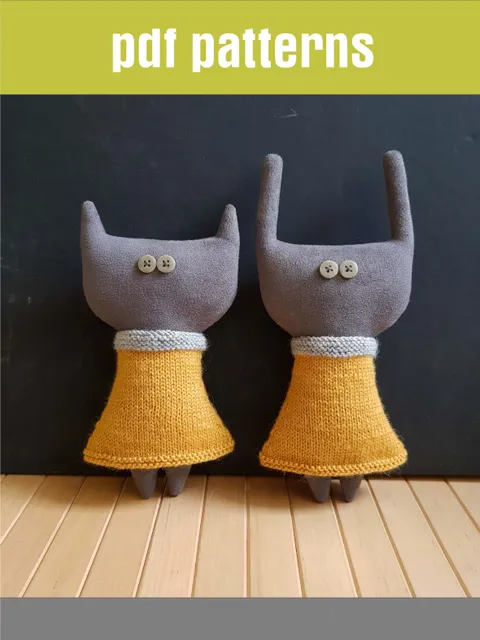 Stuffed animals sewing and knitting patterns PDF, Cat and Rabbit in Dresses, set of 2 tutorials in English, rag doll diy