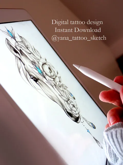 Horse Tattoo Design Horse Tattoo Idea For Females Horse Flowers Tattoo Stencil Sketch, Instant download PDF, JPG