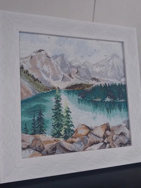 Handmade Moraine Lake painting, Canadian landscape wall art, for home decor, finished cross stitch