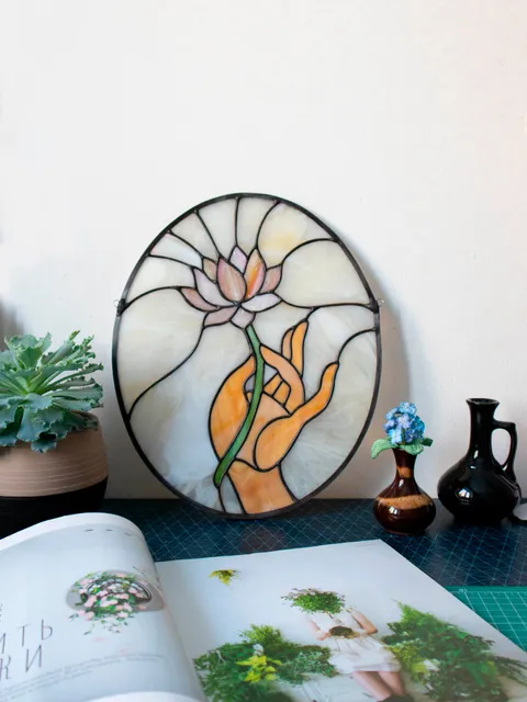 Stained glass window panel, Panel with lotus, Suncatcher, Home décor