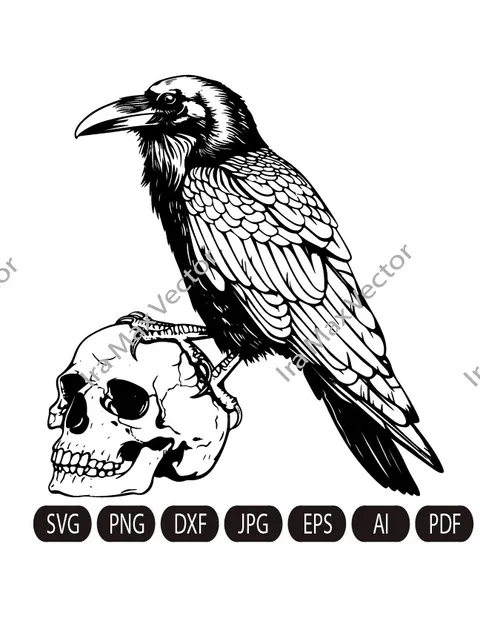 Raven on Skull SVG ,Skull Death, Black Crow Head Bone, Vintage Design, Gothic Art, Raven  Print, Printing Clipart