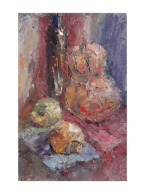 Pumpkin Apple Painting 9,1x5,9" ORIGINAL ART Still Life with Fruits Kitchen Artwork Signed by artist Marina Chuchko