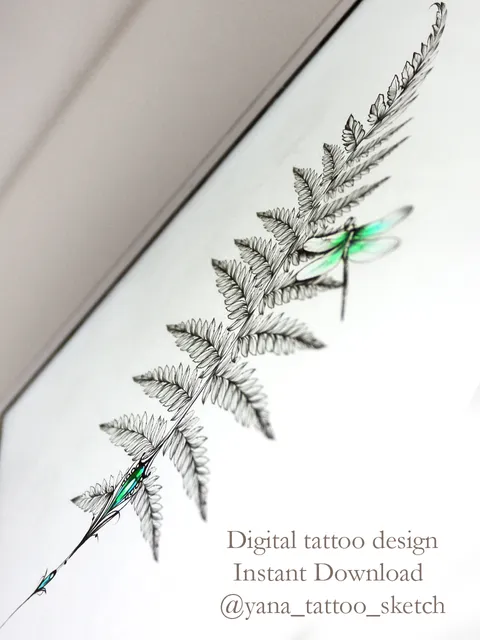 Fern Tattoo Design Dragonfly And Leaf Fern Tattoo Idea Stencil Sketch, Instant download PDF, JPG