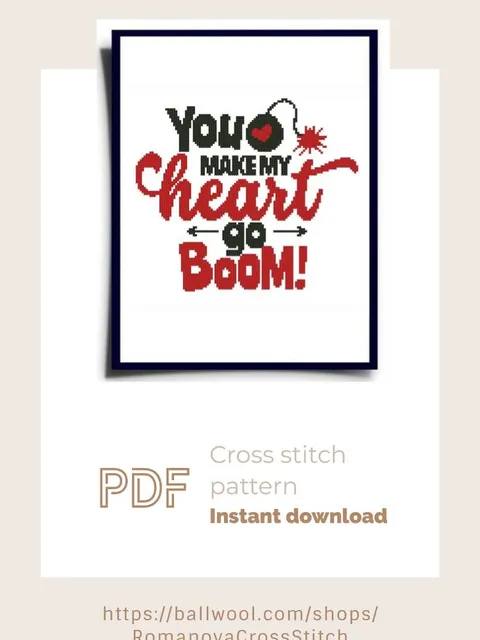 You Make My Heart Go Boom PDF cross stitch pattern, Valentine s embroidery design, Instant download