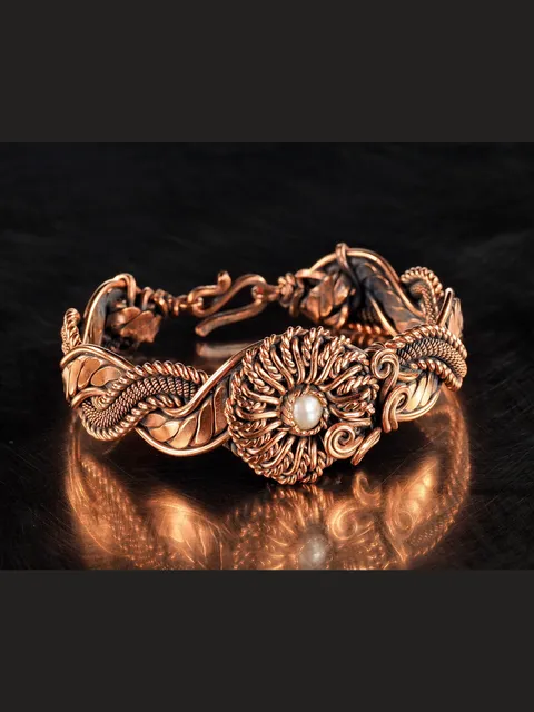 Copper wire wrapped natural Pearl bracelet for woman, Statement flower jewelry, 7th Anniversary gift for her woman, Unique copper jewelry, Braided Art Nouveau antique style bracelet, Oxidized pure copper, Handmade
