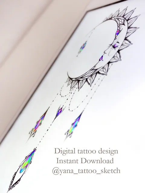 Moon Tattoo Design Crescent Moon Tattoo Idea For Females Crescent Moon Face Tattoo Stencil Sketch, Instant download PDF, JPG