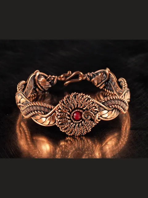 Copper wire wrapped red Agate bracelet for woman, Statement flower jewelry, 7th Anniversary gift for her woman, Unique copper jewelry, Braided Art Nouveau antique style bracelet, Oxidized pure copper, Handmade