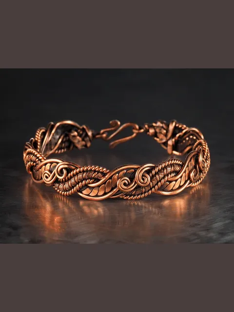 Wire wrapped bracelet, Unique 7th 22nd Anniversary gift idea, Art Nouveau antique style, One of kind braided statement bangle, EMF protection, Handmade oxidized pure copper jewelry, Pain relief