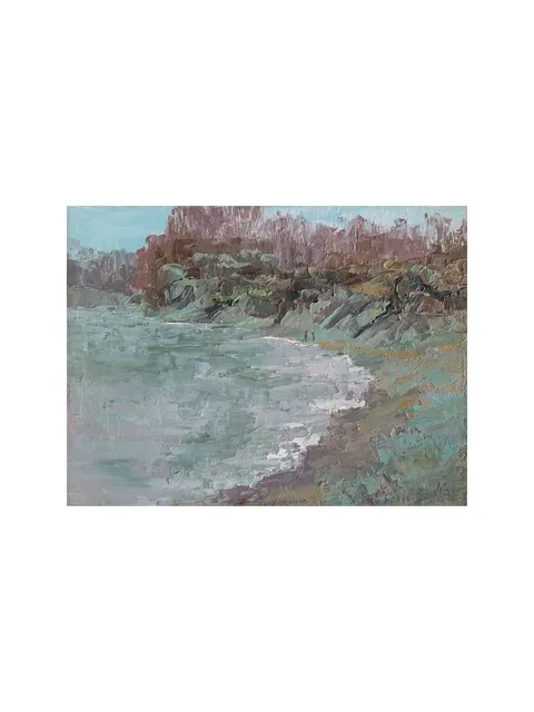 Rocky Coast Painting 6x8" Green Sea Fog Artwork ORIGINAL ART Impressionist Painting Signed by artist Marina Chuchko