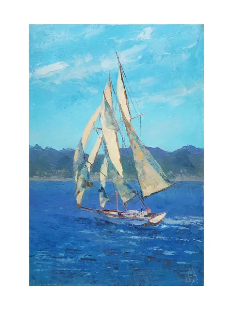 White Sailboat Sea Painting 12x8" ORIGINAL ART Ocean Impressionist Seascape Artwork Signed by artist Marina Chuchko