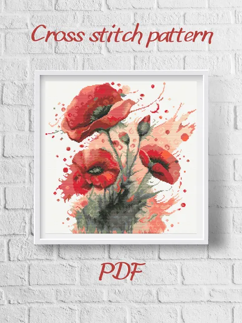 Cross Stitch Pattern PDF - Watercolor Poppies - Instant Download