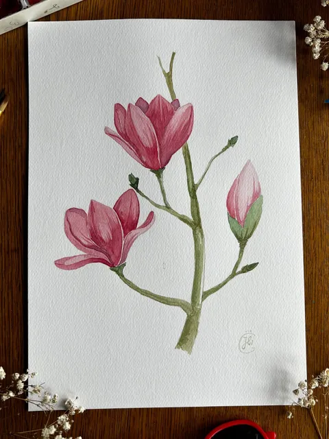 Original watercolor painting of a magnolia branch