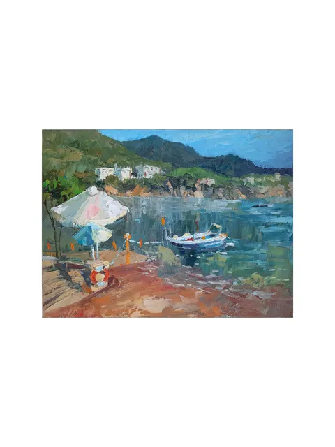 Small Boat Painting 7,1x9,4” Harbor ORIGINAL ART Impressionist Coast Artwork Signed by artist Marina Chuchko