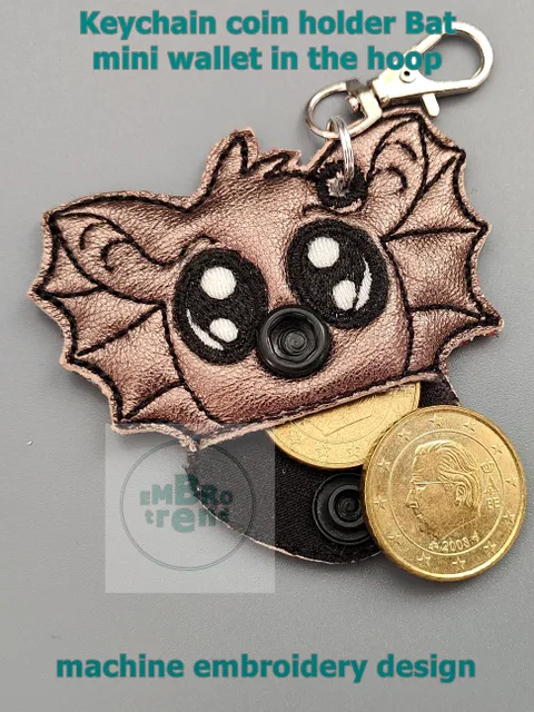 Keychain coin holder Bat, mini wallet in the hoop Digital machine embroidery design Step-by-step instructions
