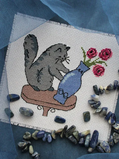 Cross stitch pattern Cat and vase, funny cross stitch chart PDF, gift idea for cat lover