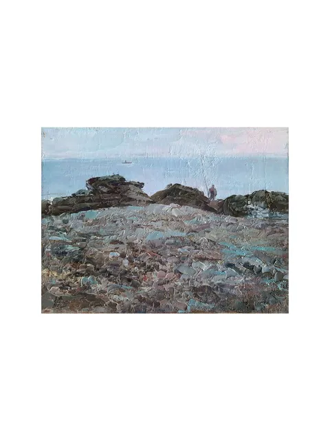 Fishermen Painting 6x8" Sea Fog Artwork ORIGINAL ART Impressionist Rocks Painting Signed by artist Marina Chuchko
