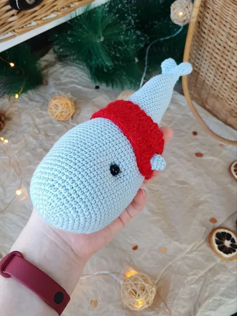 Stuffed blue whale toy for nursery decor. Soft toy made of cotton yarn blue whale. Gift for a boat trip lover.
