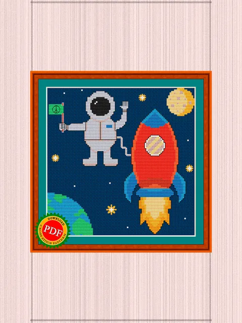 Stellar Expedition Cross Stitch Pattern | Cartoon Rocket and Astronaut on a Mission to the Stars
