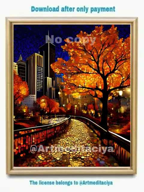 Modern digital painting "Autumn New York" is an abstraction of the night city in a bronze-gold shade with gray-blue, yellow-orange black inclusions in the Zenart style, pointillism, interior painting