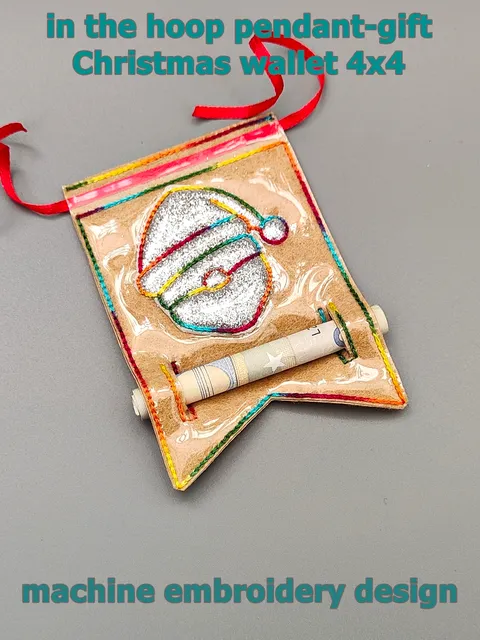 In The Hoop design a money flag, a Christmas wallet, a gift pendant, Christmas tree ornament embroidery Applique Santa
