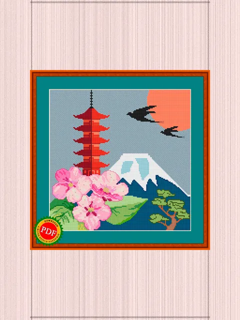 Japanese Pagoda Cross Stitch Pattern | Sakura | Bonsai