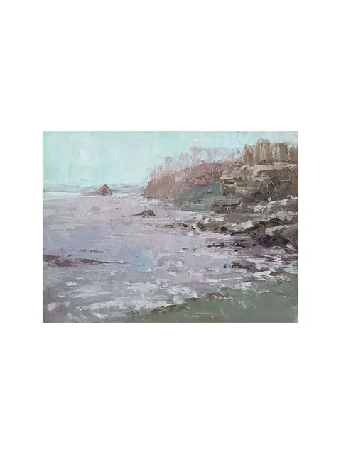 Rocky Coast Painting 6x8" Lilac Sea Artwork ORIGINAL ART Impressionist Signed by artist Marina Chuchko