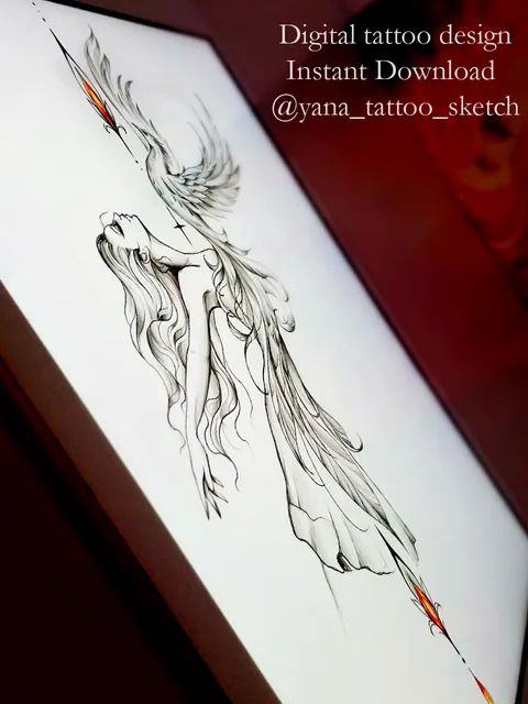 Phoenix Tattoo Design Girl Phoenix Tattoo Idea Phoenix Goddess Tattoo Sketch, Instant download PDF, JPG