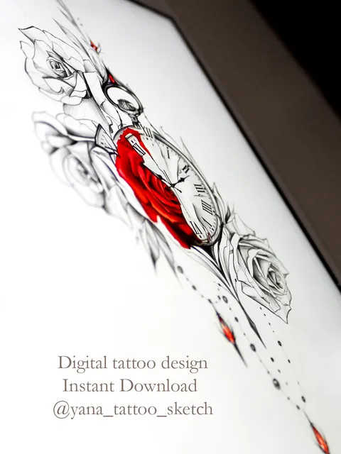 Pocket Watch Tattoo Design Pocket Watch Tattoo Stencil Drawing Idea, Instant download PDF, JPG