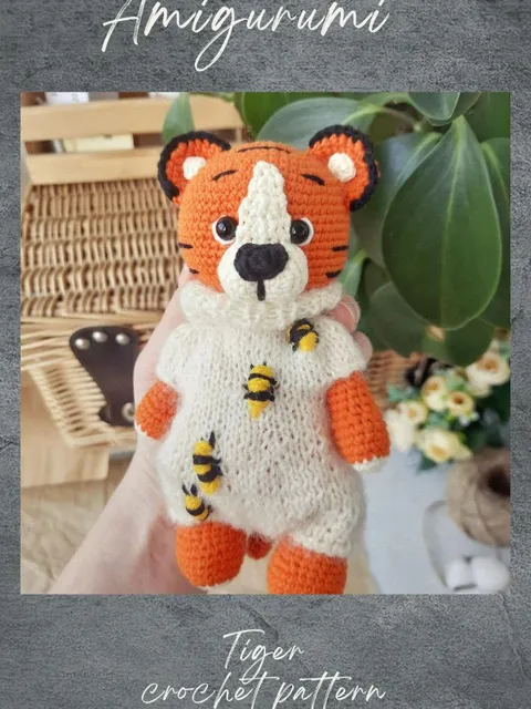Amigurumi tiger crochet pattern. PLush tiger crochet PDF tutorial. Stuffed crochet tiger with knitting clothes
